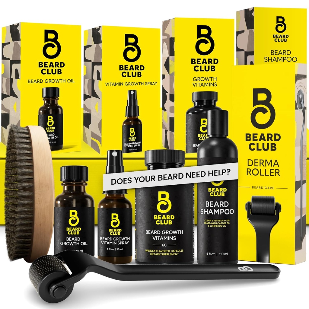 The Beard Club Advanced Beard Growth Kit - Derma Roller, Growth Oil, Vitamins and Vitamin Spray, Shampoo und Boar Bristle Brush - Geschenkset - Cedar