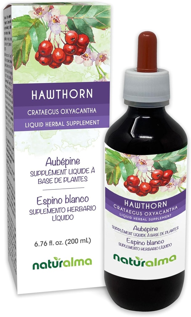 Naturalma Hawthorn (Crataegus oxyacantha) Blatt und Blume Alkoholfreie Tinktur - 6.76 fl oz Flüssiger Extrakt in Tropfen - Kräuterergänzung - Vegan