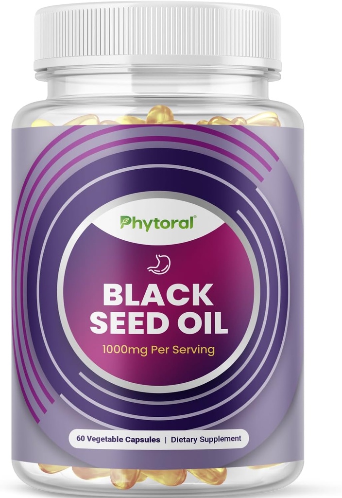 Phytoral Premium Capsules d'huile de graines noires - Nigella Sativa Pills d'huile de graines noires pour le soutien immunitaire de la santé digestive et supplément antioxydant booster cerveau - Capsules Cumin spectre complet