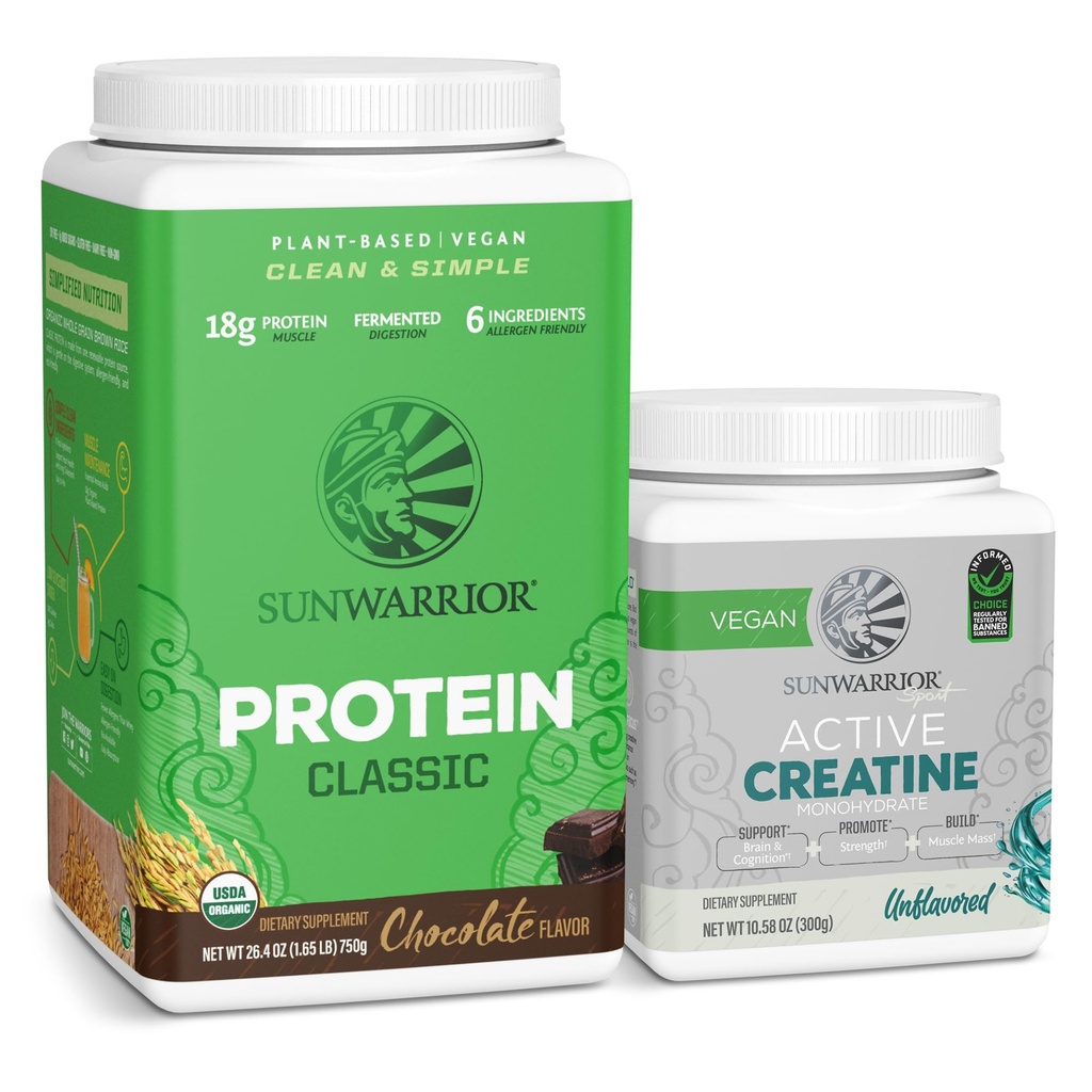 Sunwarrior Brown Protéine de riz Poudre à base de plantes Chocolat 30 portions et poudre monohydratée de créatine