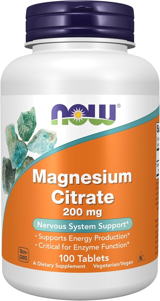 NOW Foods Supplements, Magnesium Citrate 200 mg, Enzyme Function*, Nervous System Support*, 100 Tablets