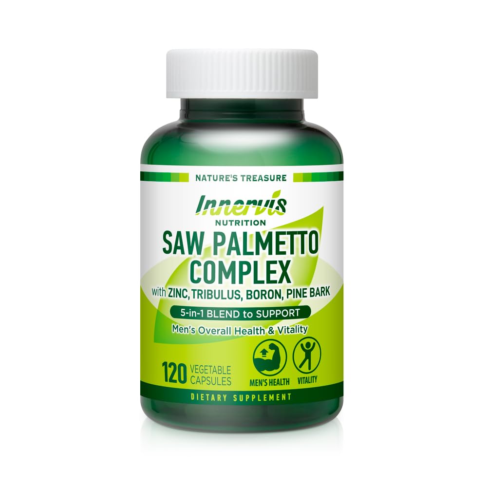 Soutien de la prostate et de l'urine pour les hommes – Complexe de palmiers à scie de 5 en 1 avec Zinc, Tribulus, Boron, Pine Bark – 120 Capsules de Veggie