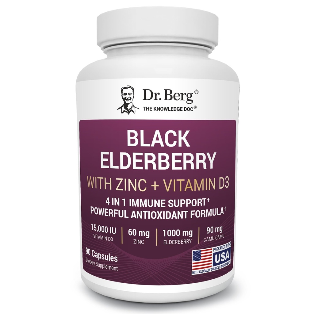 Dr. Berg Black Elderberry Kapseln (Advanced Immune Support*) mit 15.000 IU Vitamin D, 60 mg Zink, & 90 mg Camu Camu - (4-in-1) Sambucus Elderberry Immune Support Supplement - 90 Kapseln