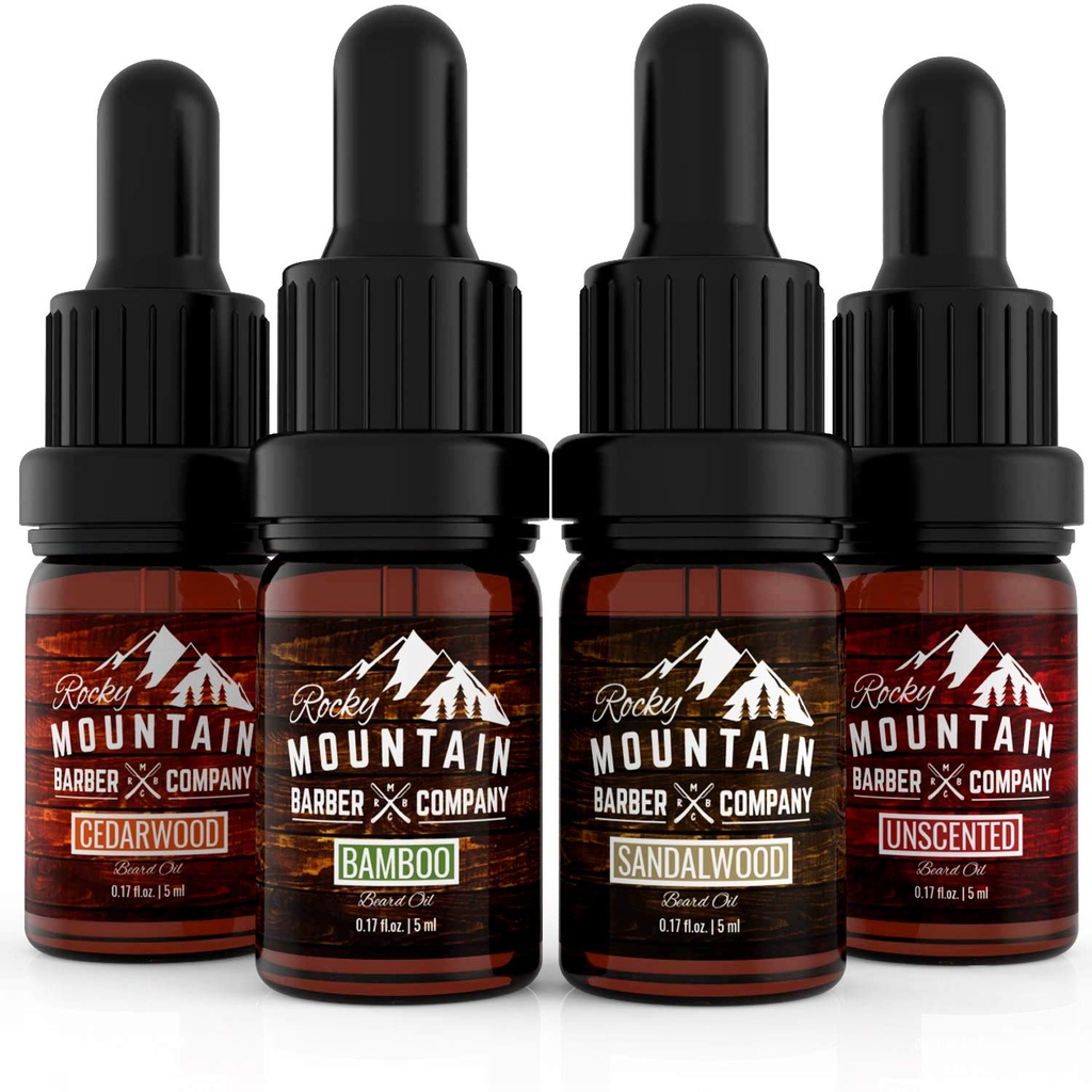 Rocky Mountain Barber Company Bart Öl Sample Size Pack - 4 Einzigartige Bart Öl Varianten (0.17 oz pro) - Cedarwood, Sandalwood, Bamboo & Unscented - Enthält ätherische Öle