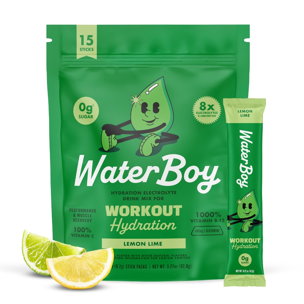 Waterboy Workout Hydration | 2,960mg Zucker Kostenlose Elektrolyt-Pulver-Packets | L-Glutamin + Vitamine | Kein Zucker, alle natürlichen, Glutenfrei | 15 Getränke-Stick-Mixe (Lemon Lime)