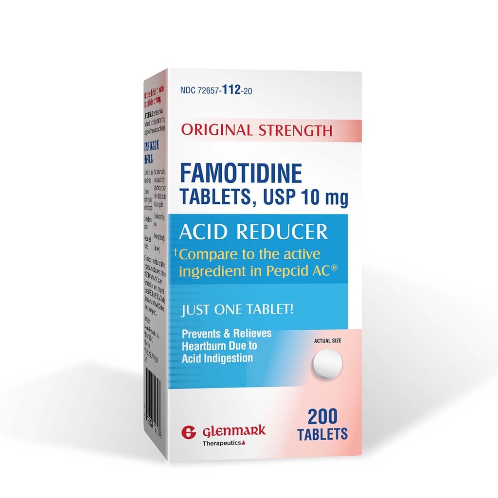 Glenmark Therapeutics Original Strength Famotidin Tabletten, 10 mg, Säure Reducer für Sodbrennen Relief, 200 Zähler