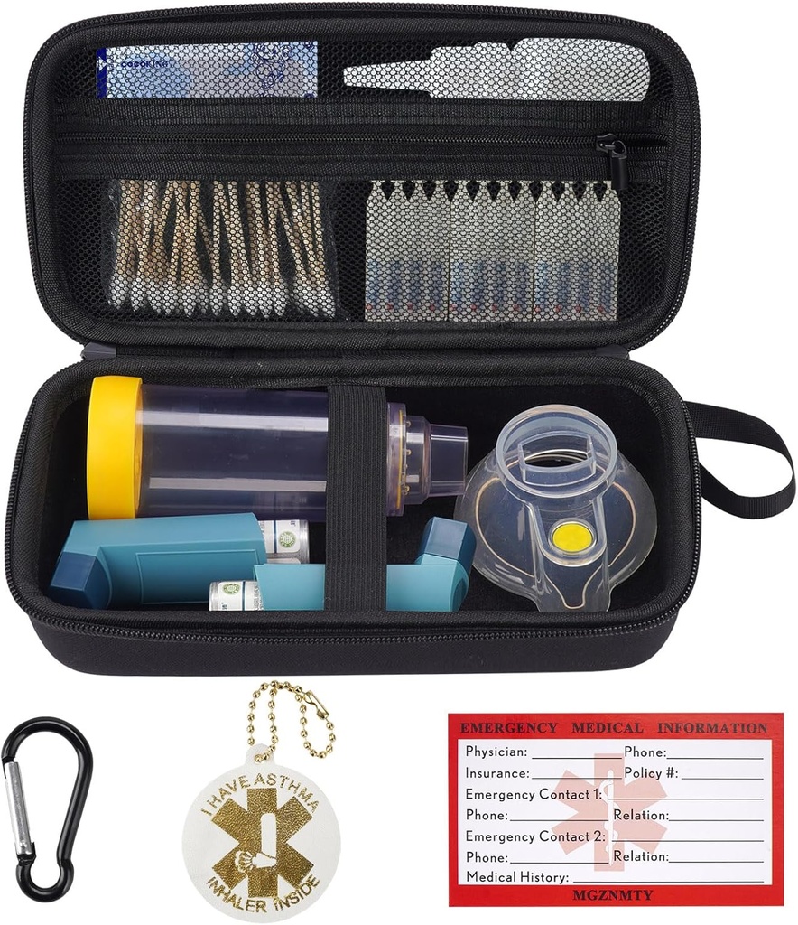 MGZNMTY Travel Carrying Case Kompatibel mit Asthma Inhaler Spacer für Erwachsene und Kinder, Masken, Inhalator Holder mit Asthma Alert Tag und Medical Card, Carabiner (nur Case) (schwarz)