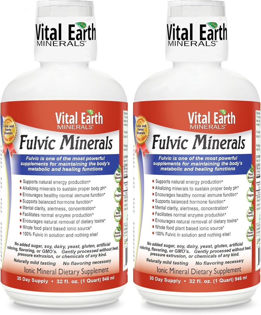 Vital Earth Minerals Fulvic Minerals Liquid – Fulvic Acid Supplement mit 70+ Trace Minerals, Elektrolyte für Energie & Vitalität, 32 Oz Ea + 1 Oz Cup