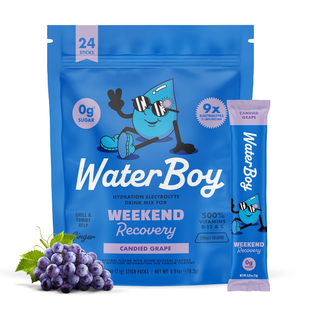 Waterboy week-end de récupération de $ 3,187mg Electrolyte en poudre Packets $ Ginger + L-Theanine + Vitamines $ Pas de sucre, tout naturel, sans gluten $ 24 Buvez des mélanges de bâton (Grape)