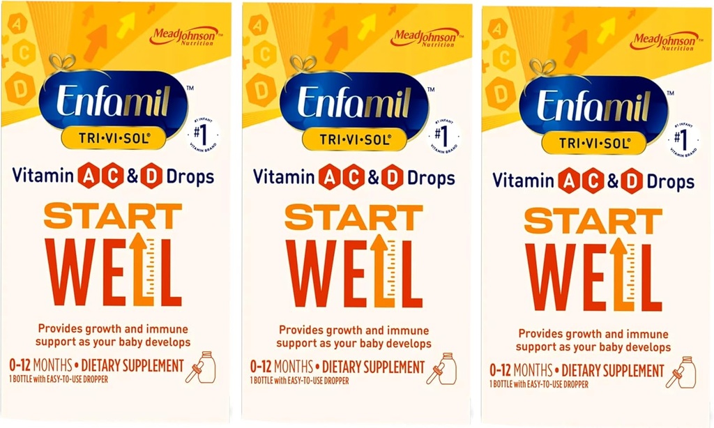 Enfamil Tri-Vi-Sol Vitamin A, C & D Tropfen für Infants 0-12 Monate, Wachstum und Immununterstützung Nahrungsergänzung, 1 Flasche mit Tropfen (Pack von 3)