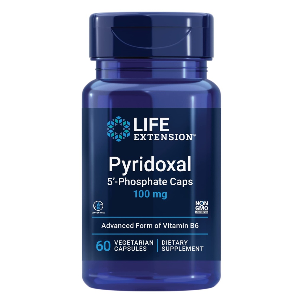 Lebensverlängerung Pyridoxal 5'-Phosphate Caps—Vitamin B6, 100 mg, Bioactive B6 for Cardiovascular, Kidney & Nerve Health – Glutenfrei, Non-GMO, Vegetarisch-60 Vegetarische Kapseln