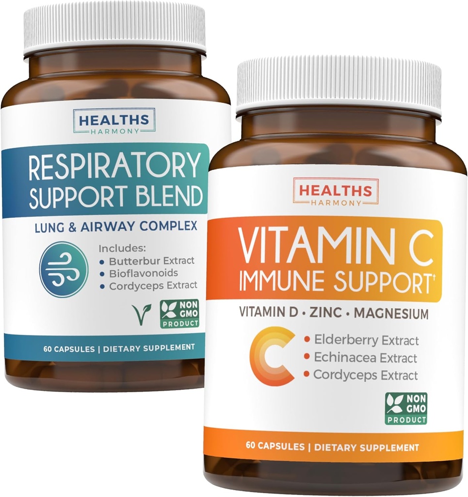 Respiratory & Vitamin C (1-Monats-Versorgung) Atem Easy Bundle - Atmungshilfe Deep Lung Cleanse for Airway Health (60 Caps) & Vitamin C Immununterstützungsergänzung - Immunität Boost Blend (60 Caps)