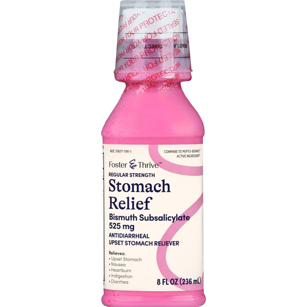 Foster & Thrive Magen Relief Flüssigkeit für Übelkeit, Sodbrennen, Verdauungsstörungen, Magenverstimmung und Durchfall - Schnelle Linderung für 5 Symptome, Antidiarrhoe, Bismut Subsalicylat 525 mg, Original, 8 Oz