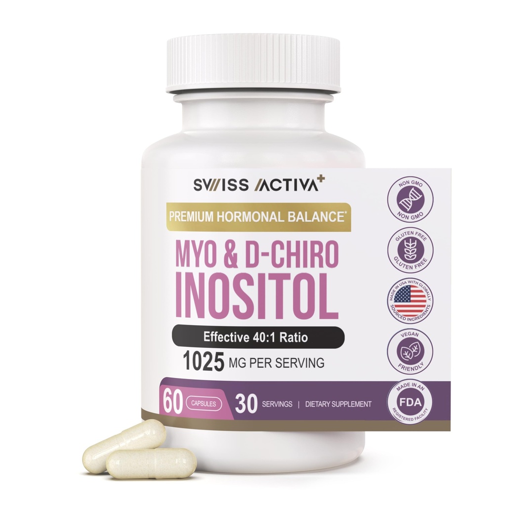Suisse Activa+ Labs Myo Inositol Supplément & D-Chiro Inositol Supplément - Premium Hormone Balance for Women & PCOS Suppléments - Régler le cycle menstruel - Soutien ovarien - 30 jours d'approvisionnement