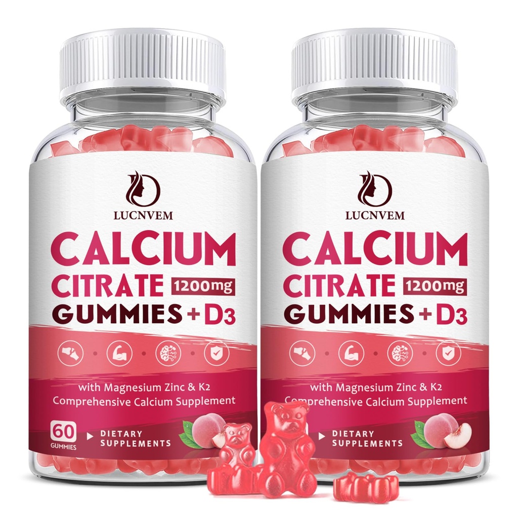 (2 Pack) Calcium Citrate 1200mg mit Vitamin D3 ergänzt Gummi für Frauen & Männer, Calciumgummis mit Vitamin D3 K2, hohe Absorption für Knochenmuskel Gesund- Peach Flavor- 60 Tage Versorgung