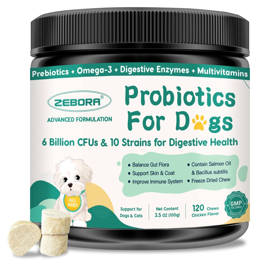 Probiotics for Dogs Digestive Health, Dog Probiotics and Digestive Enzymes, Prebiotics, Omega-3 & 6 und Vitamin für Hunde, 6 Billion CFUs für Gut Gesundheit und Immununterstützung, 120 Chews