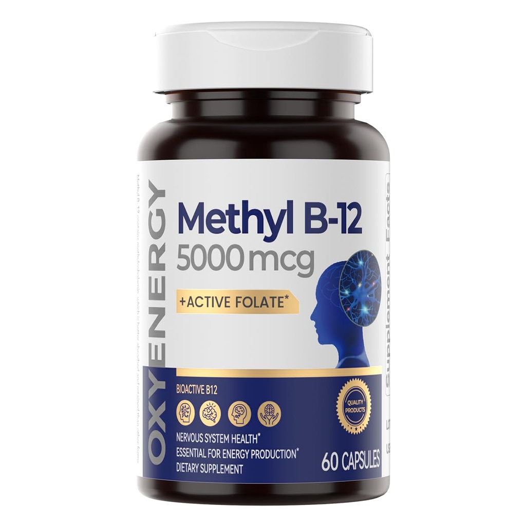 OxyEnergy Méthyl Vitamine B12 5000mcg, supplément de méthylcobalamine B-12 avec folate, support des nerfs, métabolisme énergétique et cognitif,60 capsules