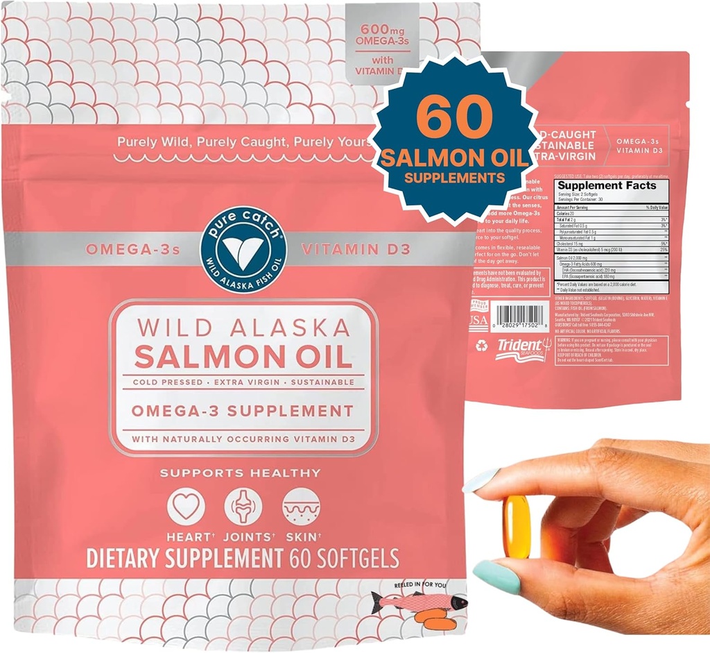 Trident Seafoods Pure Catch Wild Alaskan Fish Oil für Damen + Vitamin D3 - Omega-3 Salmon Fish Oil Supplement - EPA und DHA - 60 Count Daily Citrus Soft Gel - Joint Support, Haut und Herzgesundheit