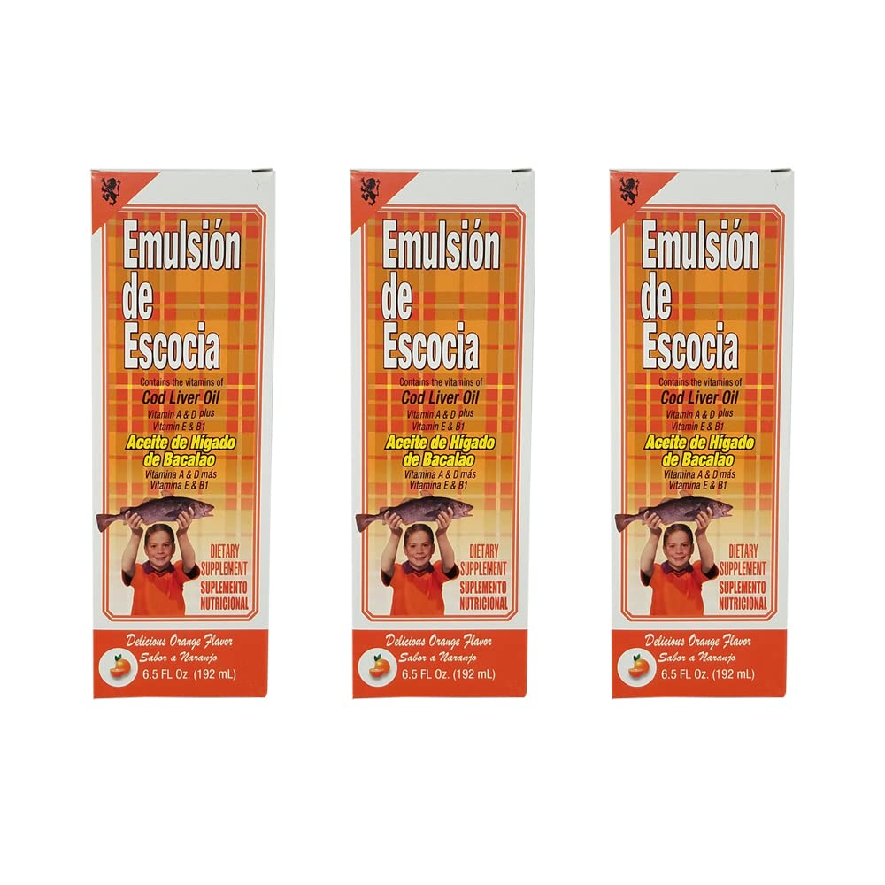 Emulsion de Escocia. Supplément alimentaire pour huile de foie de morue. Riche en vitamines A, D, E et B1. 6,5 Fl.Oz / 192 mL. Boîte de 3