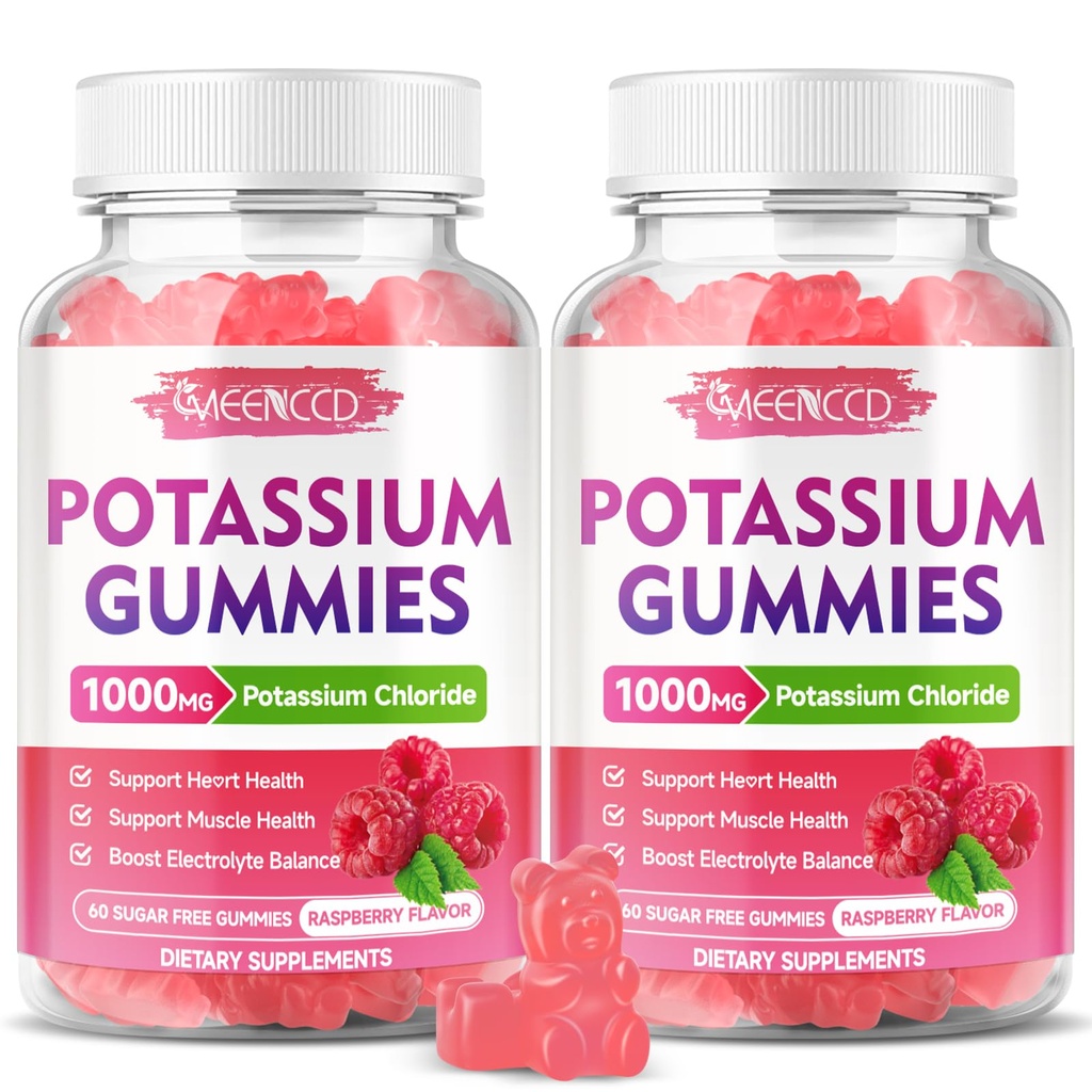 2 Pack Kalium-Gummi-Gummi-Gummi, Kalium-Chlorid 1000mg für Erwachsene, Zuckerfreie Kalium-Ergänzung Gummis unterstützen Elektrolyt Balance & Bein-Krame für Frauen & Männer, Himbeer Geschmack, 120 Zähler