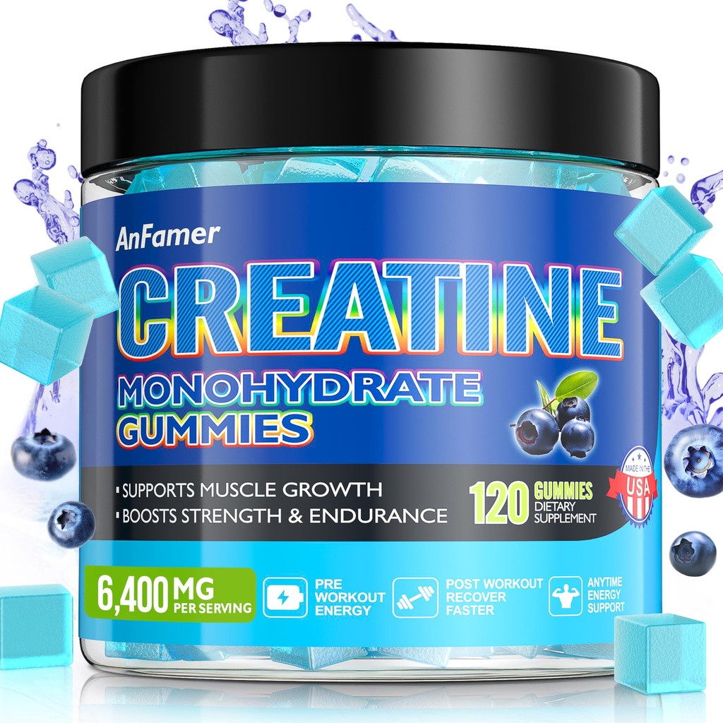 Gommies monohydratées de créatine pour les hommes et les femmes, Augmenter la force et construire Muscle, énergie et gain de bottes, Supplément de préentraînement, sans sucre, végétalien, chewables Blueberry Flavor-120 Comte