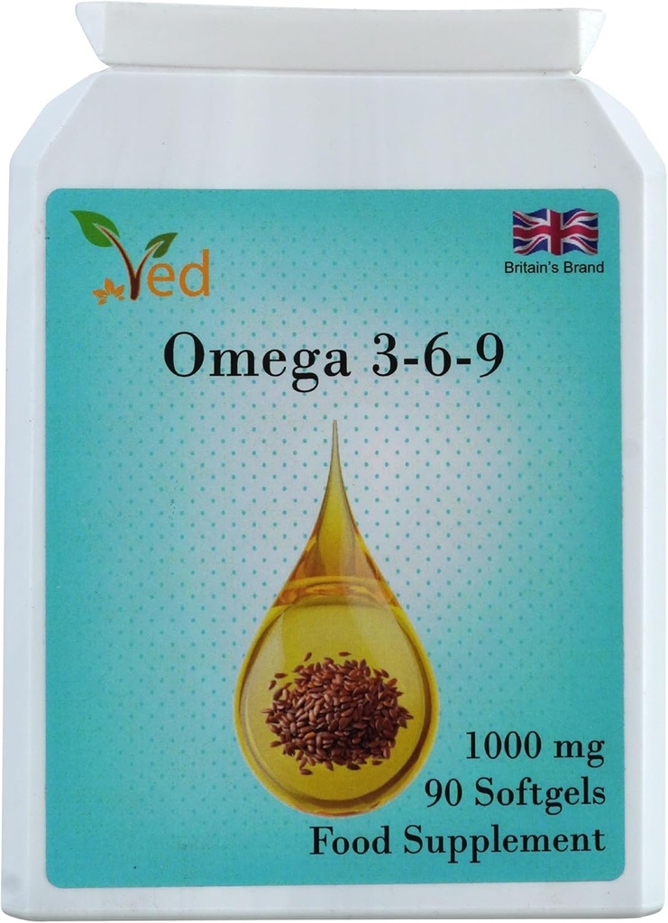 Ved Omega 3-6-9 Nahrungsergänzungs-Softgel, aus Kaltpress-Fluckenöl, 1000 mg 90 Weichgel - 90 Tage Versorgung.
