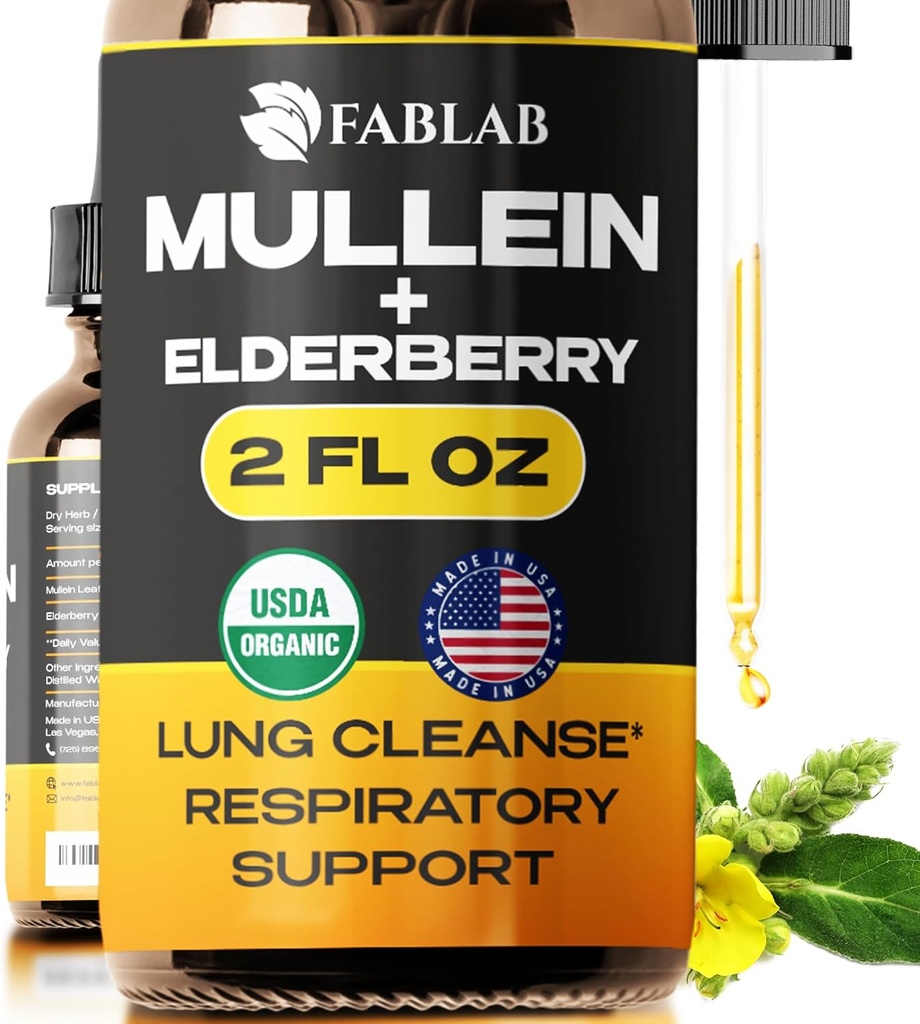 FabLab Mullein Leaf Extract with Elderberry 2 Fl Oz - Made in USA - Drops for Better Lung - Mullein Tincture for Lung Detox - Bronchial Cleanse for Smokers - Respiratory Herbal Supplement