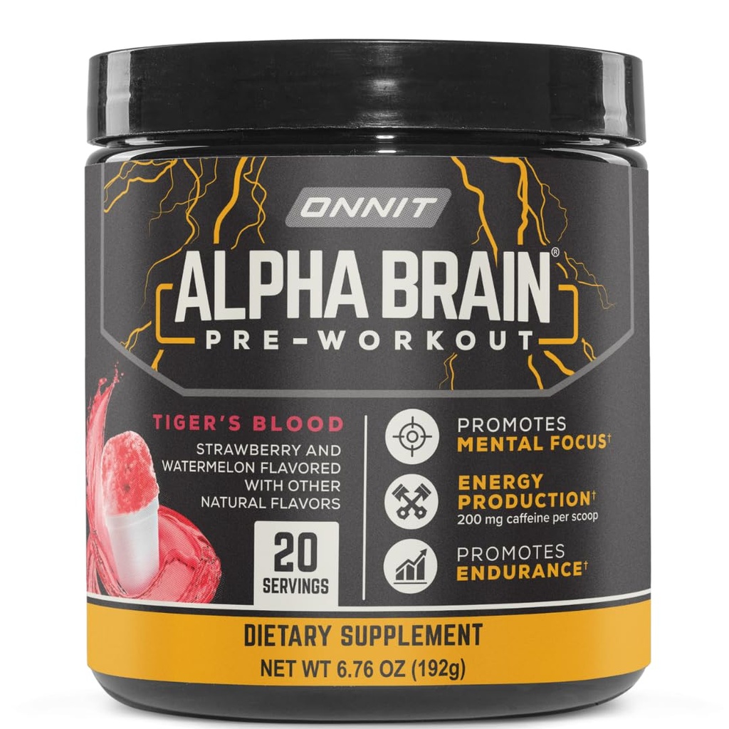 ONNIT Alpha Brain Pre-Workout Powder, IGENTM Non-GMO Getestet, Tiger's Blood Flavor, Pre-Workout Supplement für Frauen und Männer, Nahrungsergänzung, 20 Portionen pro Tub, 6.76 Unze