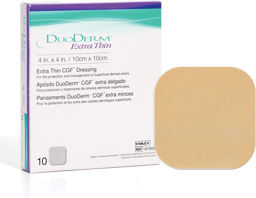 ConvaTec DuoDERM Extra Thin Control Gel Formel 4"x4" Hydrokolloid Sterile Adhesive Dressing für oberflächliche Wunden, niedrige Reibung, Latex-frei, wasserdicht, Quadrat, Beige, 10ct Box