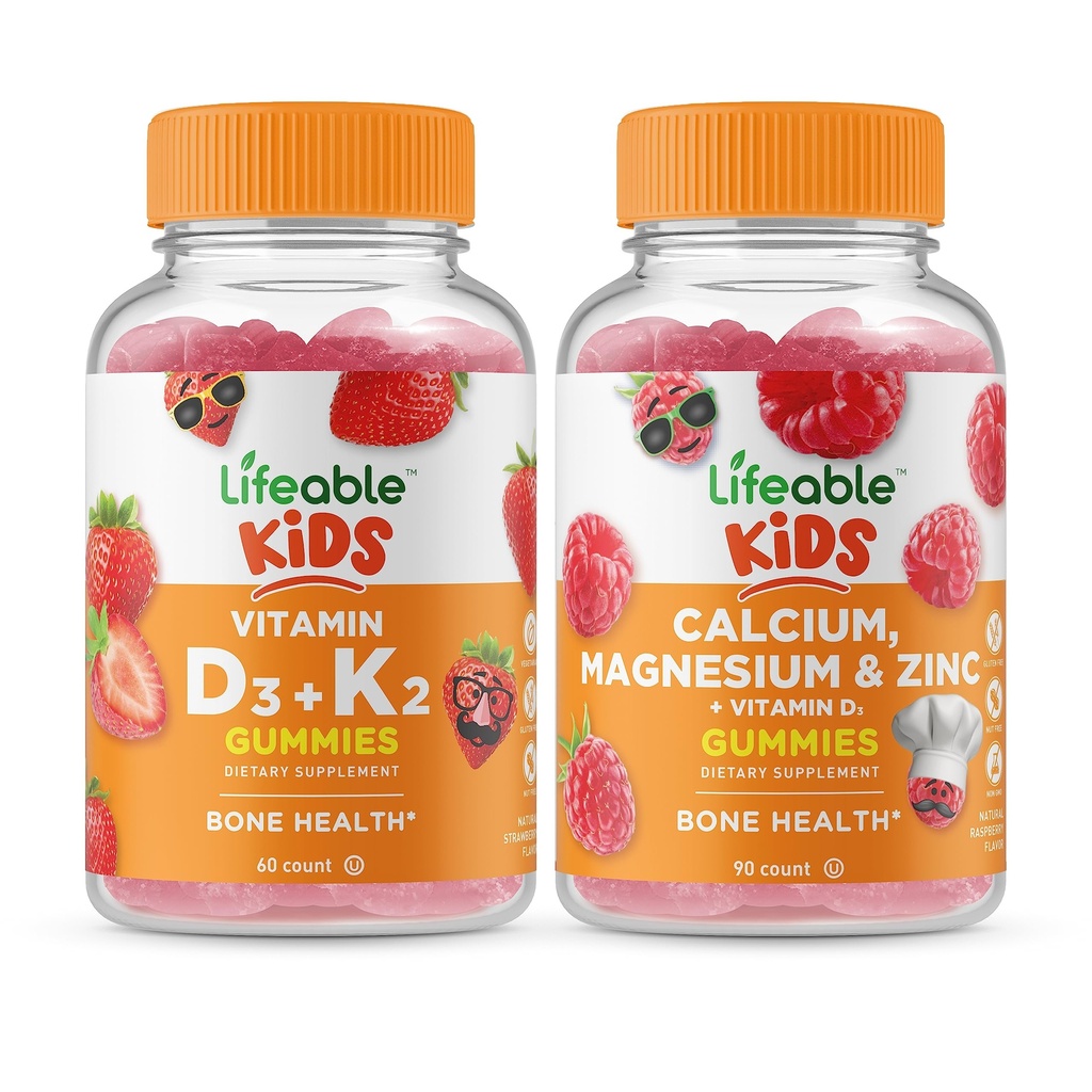 Lebensfähiges Vitamin D3 + Vitamin K2 Kinder + Calcium Magnesium & Zink Kinder, Gummi Bundle - Große Verkostung, Vitaminergänzung, Glutenfrei, GMO frei, Kaugummi