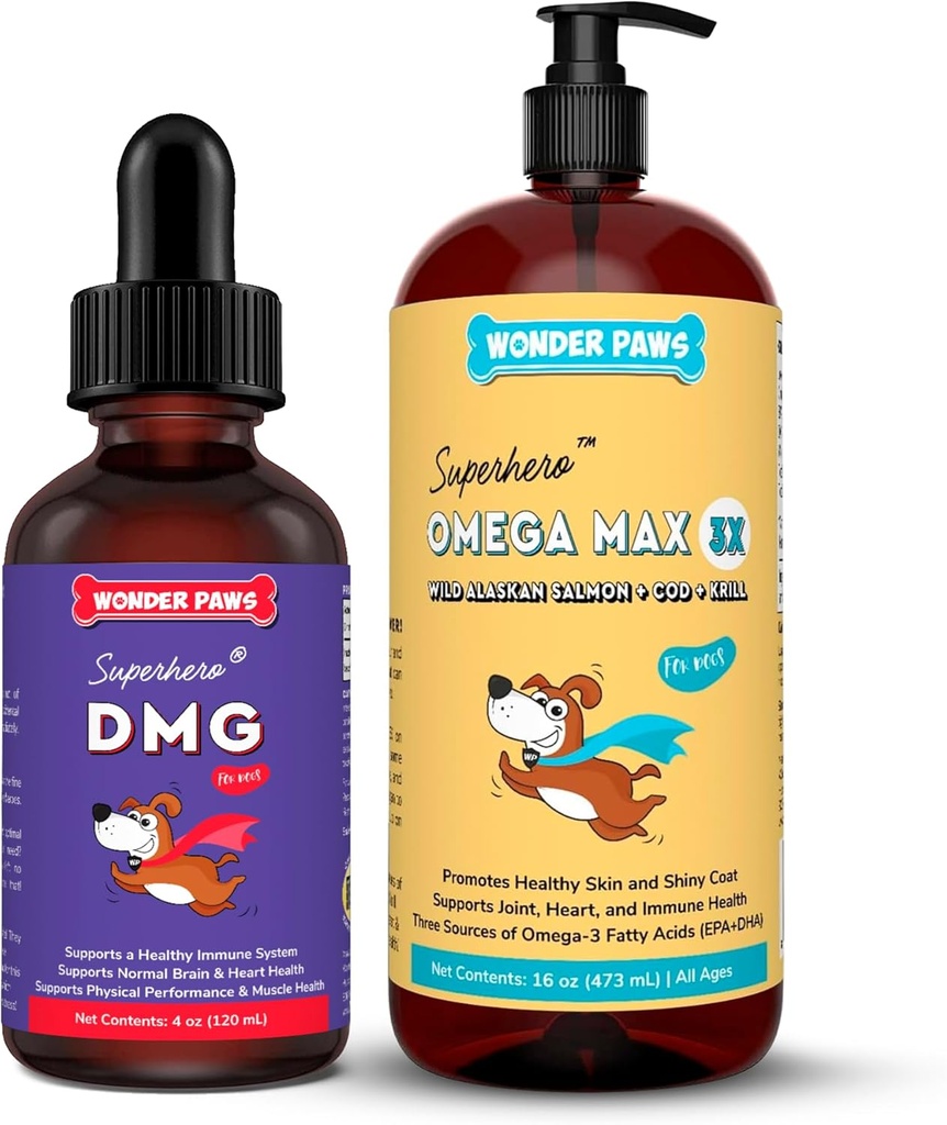 WONDER PAWS Premium DMG Liquid Plus Omega Max Fish Oil - für Dog's Immune Support, Haut, Allergien, Joint Care & Overall Health - DMG 4 Unzen - Omega Max 16 Unzen