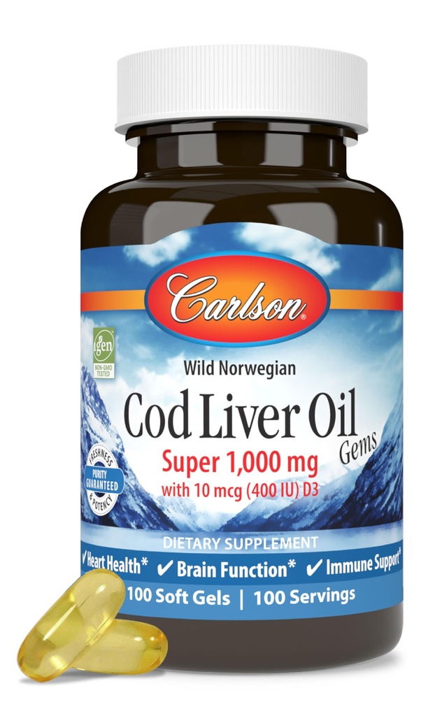 Carlson - Cod Liver Oil, Super 1000 mg + Vitamine A & D3, Wild Norwegian, Sustainable Sourced, 100 Softgels