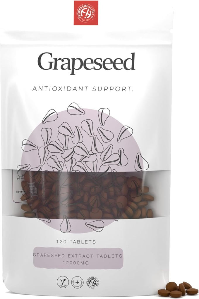 Fitness Santé Comprimés d'extraits de graines de raisin 12000mg de supplément de haute résistance de l'extrait pur de graines de raisin comprimés végétaliens de fabrication au Royaume-Uni de 120 comprimés