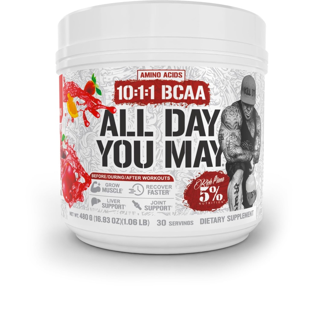5% Ernährung Rich Piana AllDayYouMay BCAA Powder | Premium Intra & Post Workout Aminosäuren, Hydration, Endurance, Muskel-Recovery, Joint & Liver Support oz 16.93 oz, 30 Portionen (Fruit Punch)