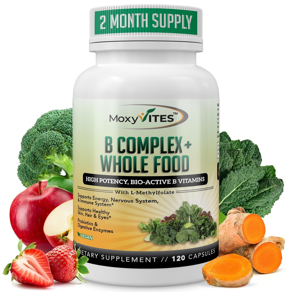 MoxyVites Vitamin B Complex - B Vitamine Ganze Nahrungsergänzung, B12 Methylcobalamin, B1, B2, B3, B5, B6, B7, B9 - für Stress, Energie und Immununterstützung, Vegan, 120 Kapseln