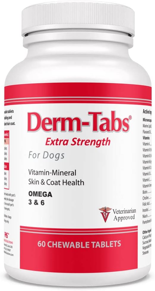 Derm Tabs Extrastärke für Hunde - Natürliches Öl, Vitamine, Mineralstoffe und Antioxidantien - Unterstützt gesunde Haut und Reduzieren Shedding -60 Kautabletten