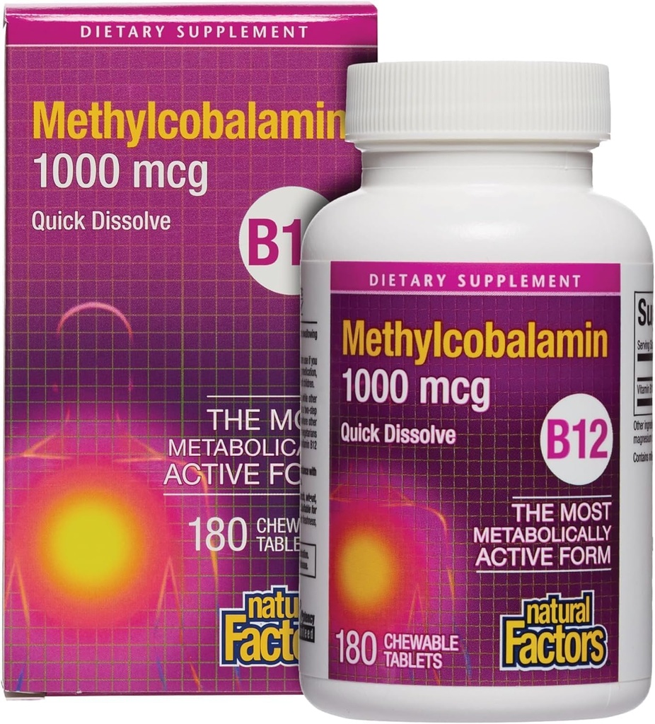 Natürliche Faktoren, Vitamin B12 Methylcobalamin 1.000 mcg, Bietet die Metabolisch aktive Form von B12, schnelle Lösung Tabletten