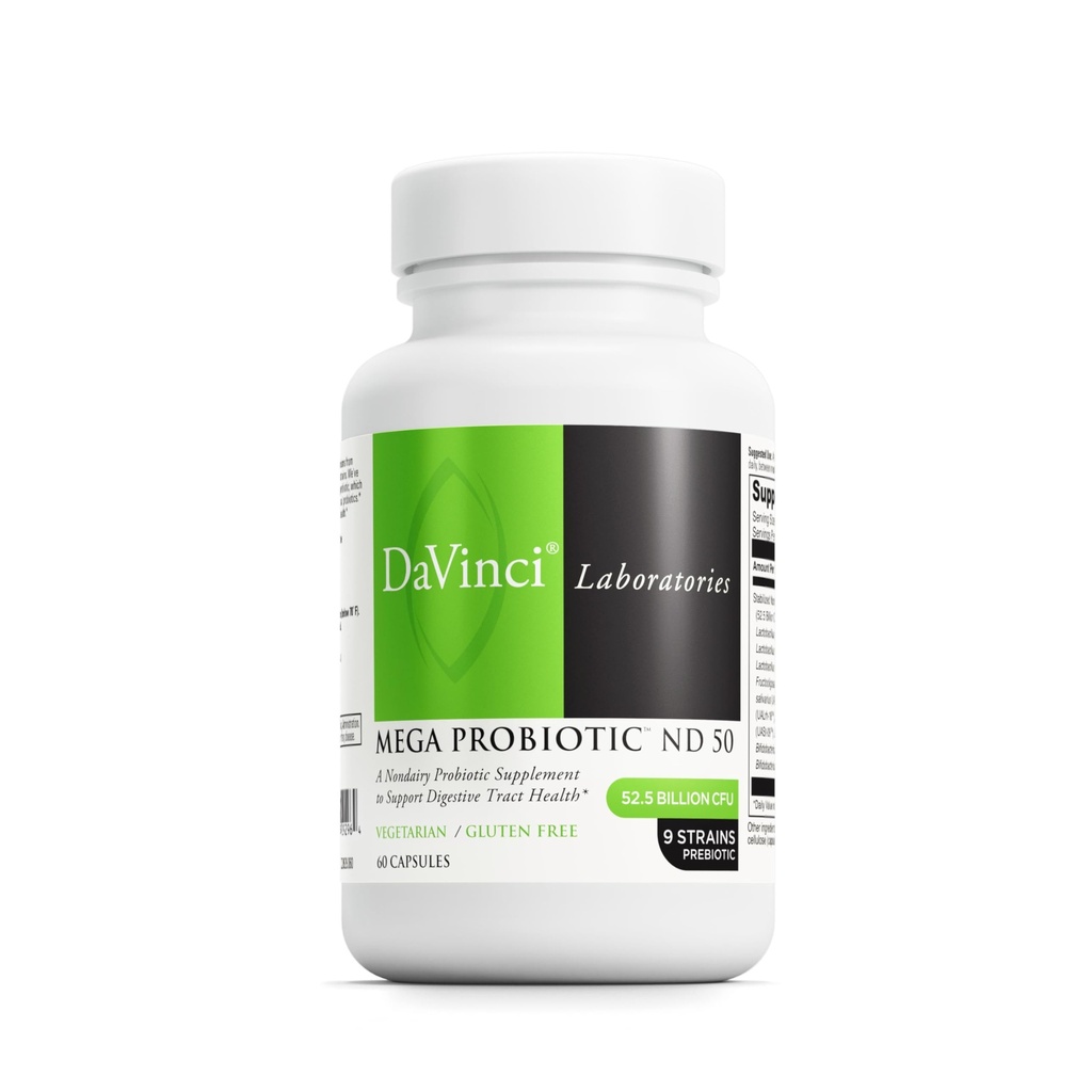 DAVINCI Labs Mega Probiotic ND 50 - Non-Dairy Probiotic Supplement with Prebiotic Fiber - Digestive & Immune Health Support* - Guter Support mit Beneficial Bacteria* - 60 Vegetarische Kapseln