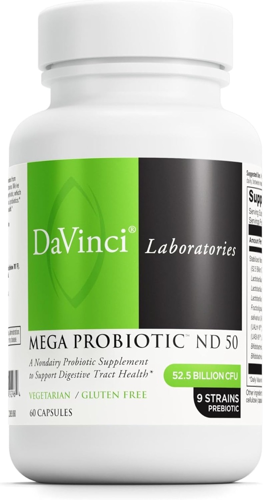 DAVINCI Labs Mega Probiotic ND 50 - Non-Dairy Probiotic Supplement with Prebiotic Fiber - Digestive & Immune Health Support* - Guter Support mit Beneficial Bacteria* - 60 Vegetarische Kapseln