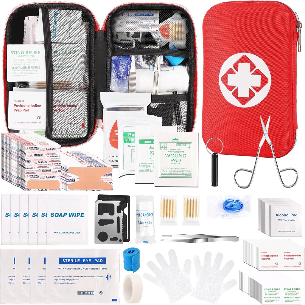 Mini trousse de premiers soins de voyage, trousse d'urgence avec fournitures de premiers soins 201PCS et sac compact étanche, trousse médicale de survie pour le bureau de voiture à domicile Camping Randonnée