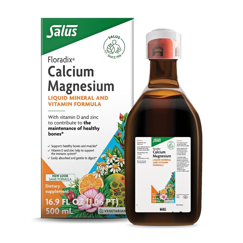 Floradix Calcium Magnésium Liquid Mineral & Vitamine Formula - Supplément Bone Support avec Calcium, Magnésium, Vitamine D & Zinc - Végétarien et Non-OGM - 16,9 fl oz