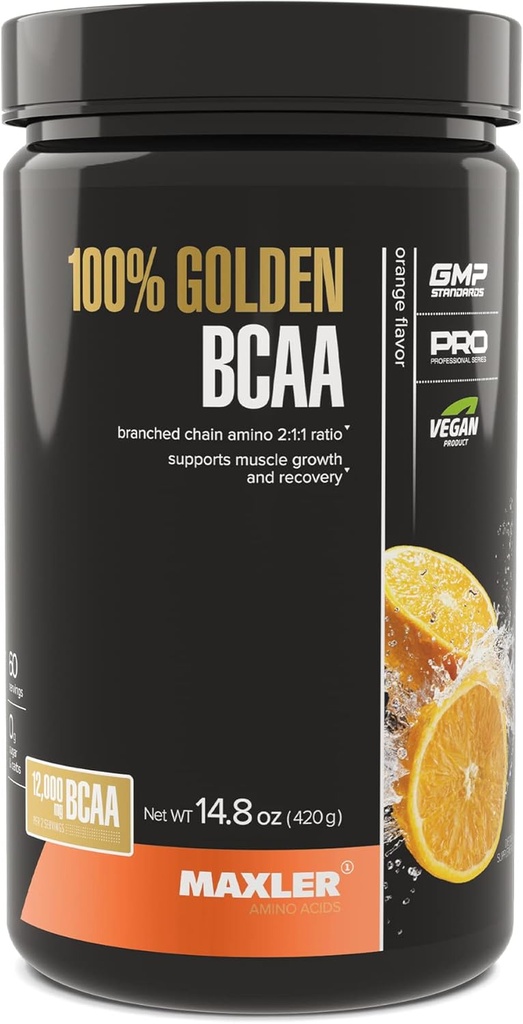 Maxler 100% Golden BCAA Powder - Intra & Post Workout Erholungsgetränk für beschleunigte Muskelrückgewinnung & Lean Muskelwachstum - 6 g Vegan BCAAs Aminosäuren - 60 Portionen - Orange
