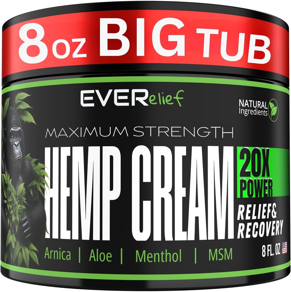 Hanf Cream Maximum Strength Relief Cream 8 OZ - Relieve Knee, Hip, Gelenk, Muskel & Untere Rückenschmerzen Unterstützung | Natürliche Lotion Made in USA mit Hanföl, MSM, Turmeric und Arnica.