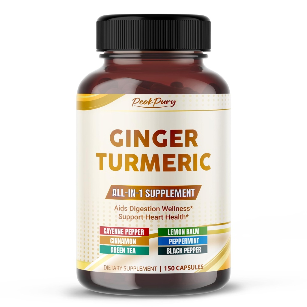 Ultra Ginger & Turmeric Aids Digestion et soutient la santé cardiaque – Comprend Cayenne Pepper, Lemon Baume, Cinnamon, Peppermint, Green Tea - Fabriqué dans les États-Unis- 150 Capsules
