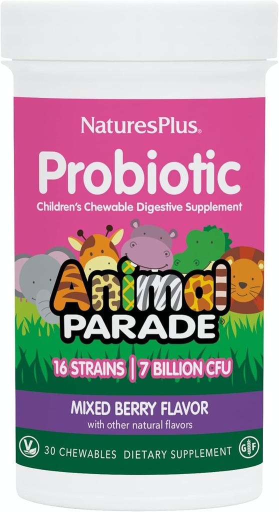 NaturesPlus Animal Parade Probiotic, Mixed Berry - 30 Chewables - Kinder Verdauungsergänzung - Unterstützt Gut Health & Immune Funktion - Vegan, Glutenfrei - 30 Portionen