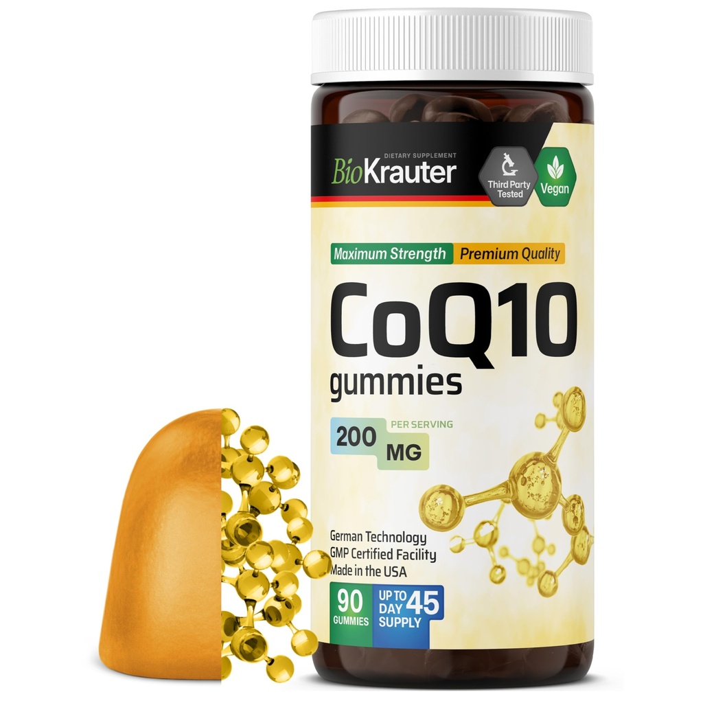 BIO KRAUTER CoQ10 200mg Gummies - 90 Végétaux Chews - Coenzyme Q10 Supplément - Gummies antioxydantes à base de pectine pour adultes
