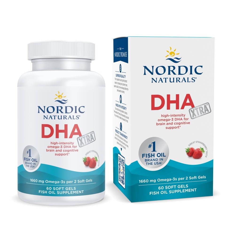 Nordic Naturals DHA Xtra, fraise - 60 gels mous - 1660 mg Oméga-3 - Formule DHA haute intensité pour le cerveau et le système nerveux - Non-OGM - 30 portions