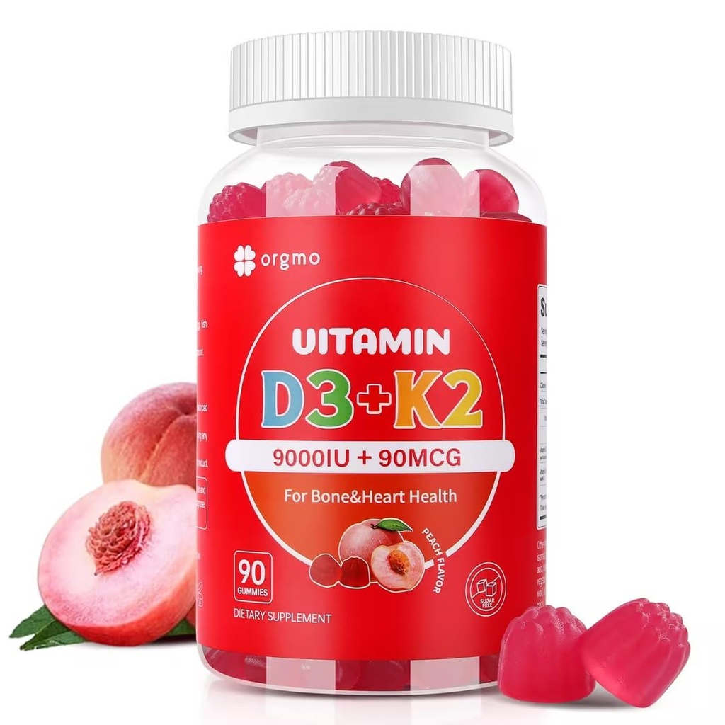 Vitamin D3 K2 Gummie - 90 Count Sugar Free Vitamin D3 9000 IU + K2(MK-7) 90 mcg für Knochen & Immune Gesundheit, Vegan Chewable K2 D3 Vitamin Supplement für Frauen Männer (Peach Flavor)