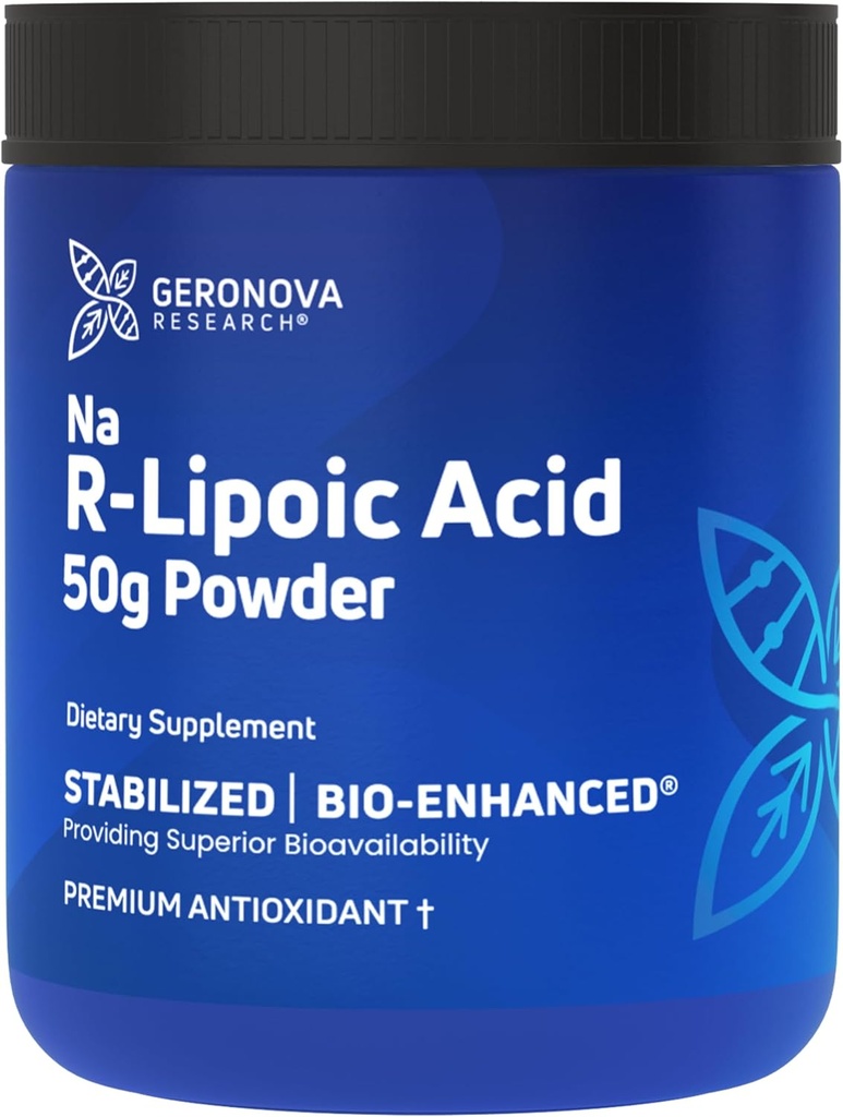 Geronova Research Bio-Enhanced Na R-Lipoic Acid Powder, 50g - 4 Monate Versorgung - Stabilisiertes R Alpha Lipoic Acid Pulver für flexible Dosierung - Einfache Mischung & Enhanced Absorption Nerve Support Supplement