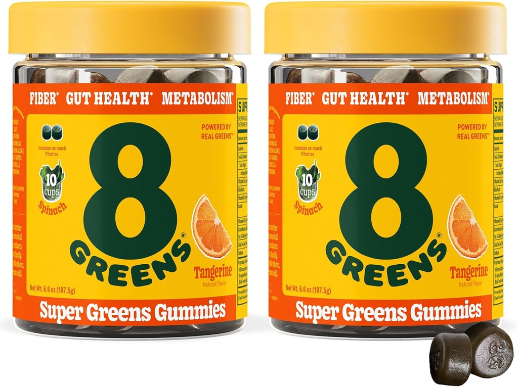 8Greens Daily Fiber Super Greens Gummis - Tangerine Geschmack: Boost Immunsystem & Verdauungsgesundheit mit 8 Real Greens - Non-GMO Formel, Chewables, 50 Vegan Gummis, Packung mit 2
